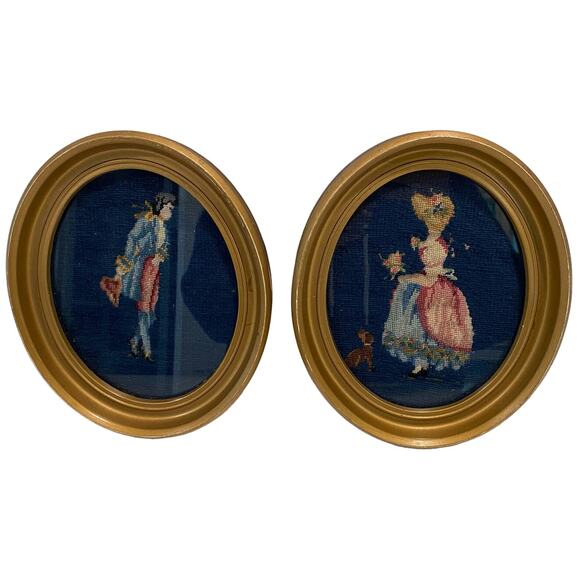 Vintage Pair Needlepoint Framed Couple Courting, VTG Stitching, Victorian Scene - Picture 1 of 9